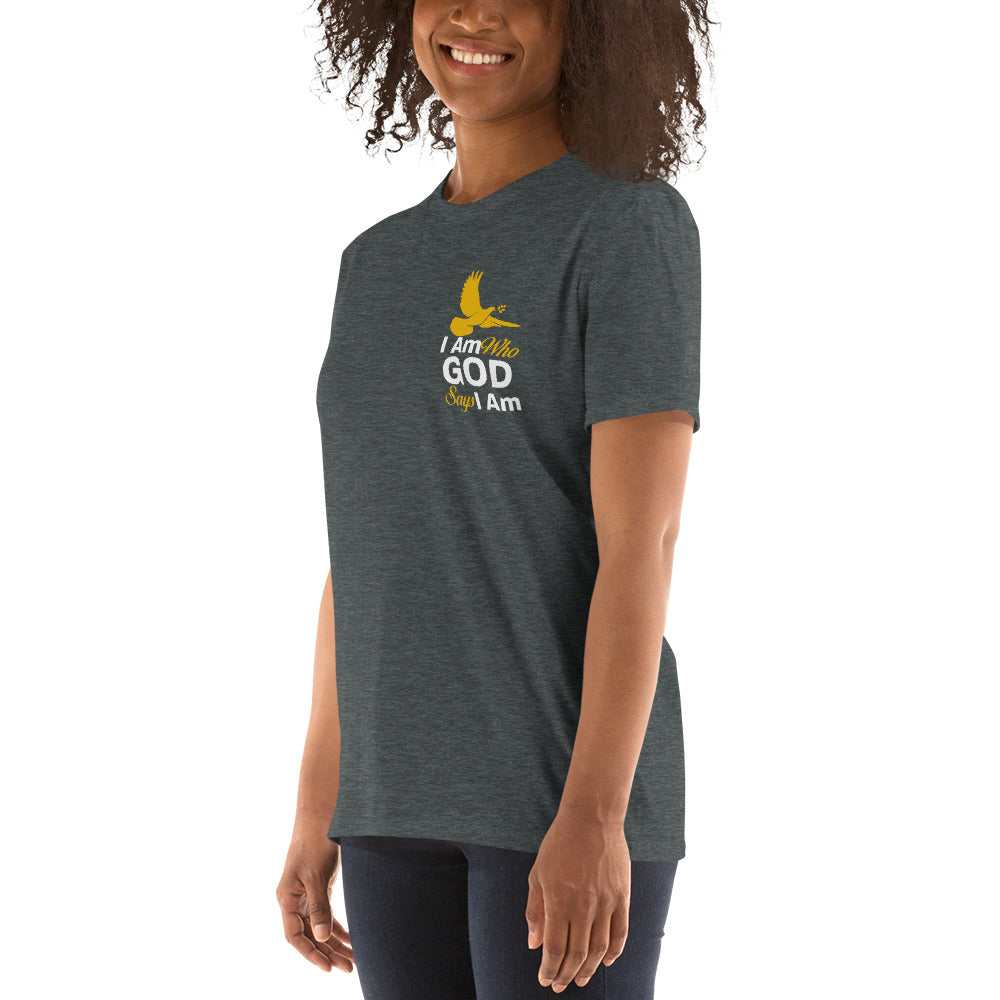 Embrace Your Faith - Left Breast Print 'I Am Who God Says I Am' - Unisex Cotton T-Shirt with Durable Stitching