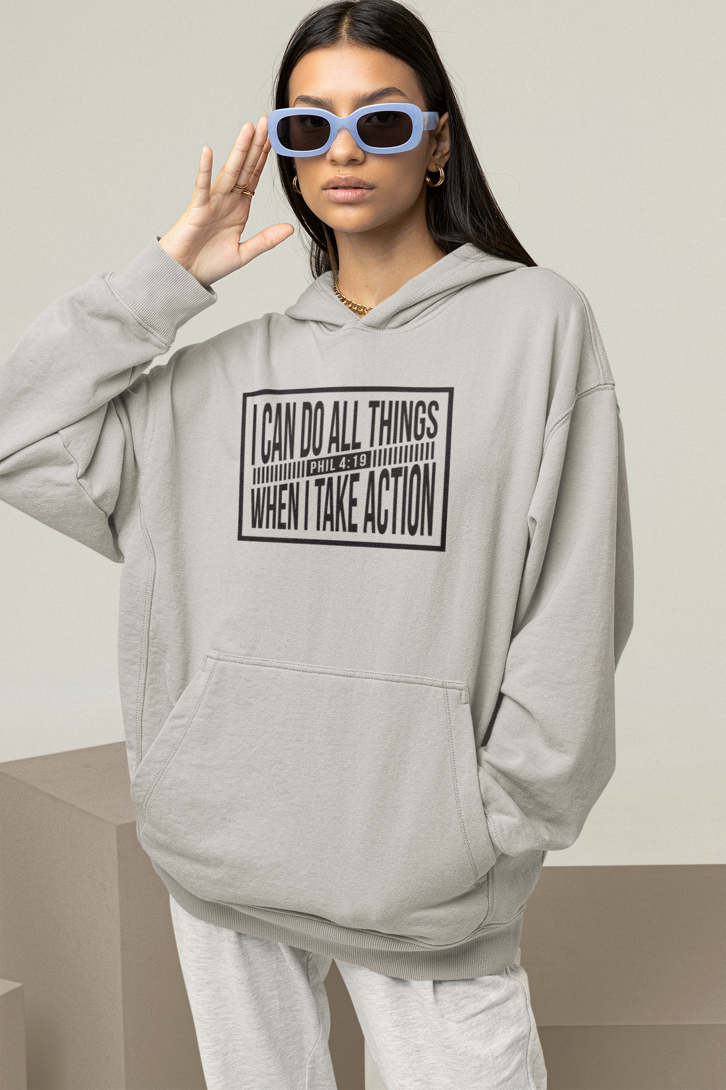 Empowered Action Fleece Hoodie: Unisex Phil 4:19 Inspirational Design.