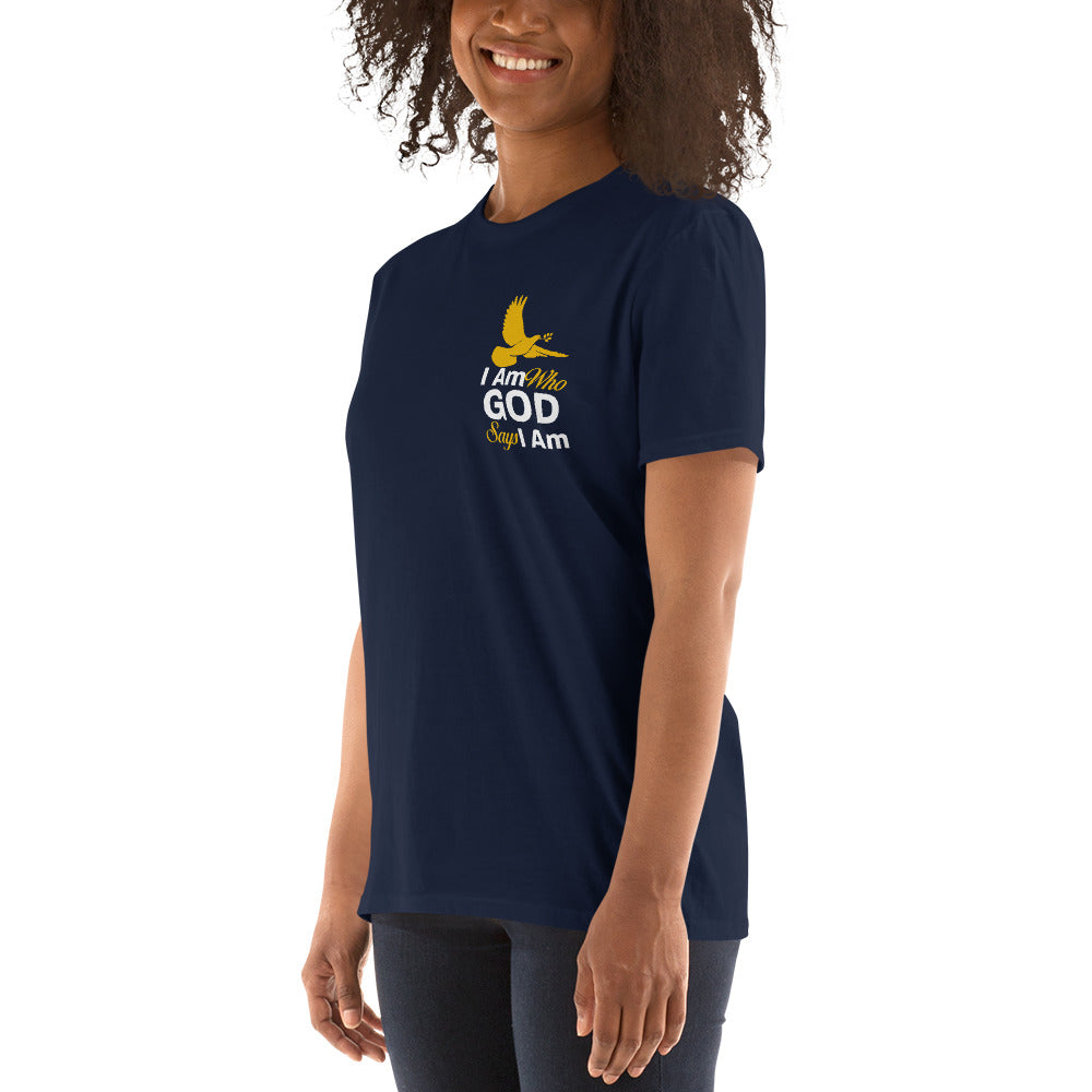 Embrace Your Faith - Left Breast Print 'I Am Who God Says I Am' - Unisex Cotton T-Shirt with Durable Stitching