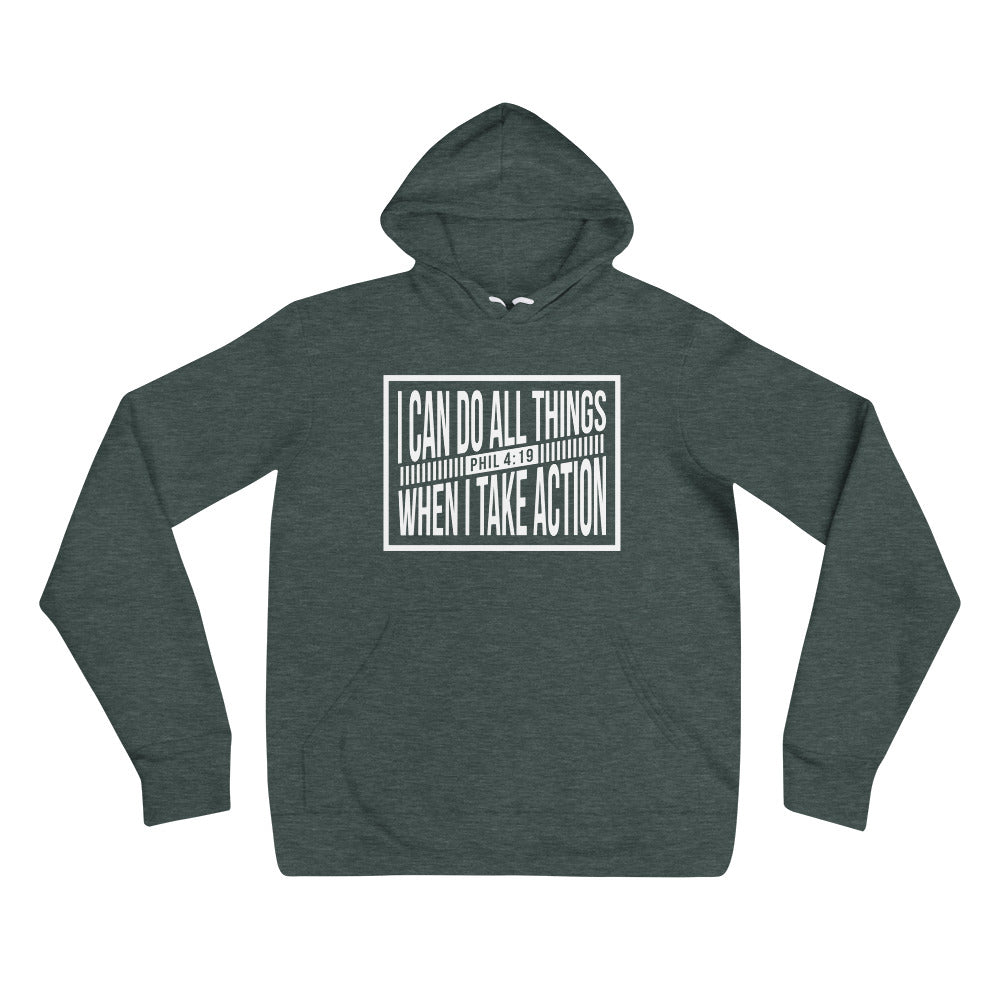 Empowered Action Fleece Hoodie: Unisex Phil 4:19 Inspirational Design.